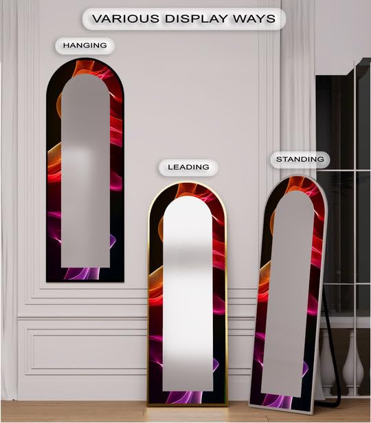 Specchio da pavimento a onde luminose cremisi da 23,5'' W x 67''H Crimson Drift - Specchio da pavimento arcuato a tutta lunghezza - Specchio da pavimento colorato con cornice nera
