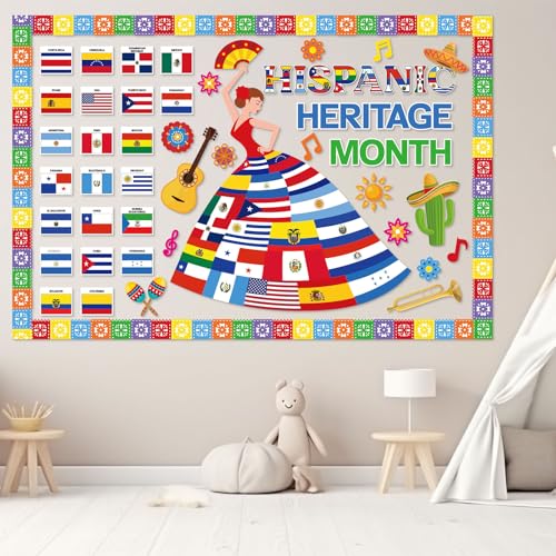 Image of HIQINLUG Hispanic Heritage Month Bulletin Board Cutouts Set, Hispanic Heritage Month Decorations Spanish Classroom Decorations Bulletin Boards Flag Cutouts Decoration for Classroom Home Wall Decor