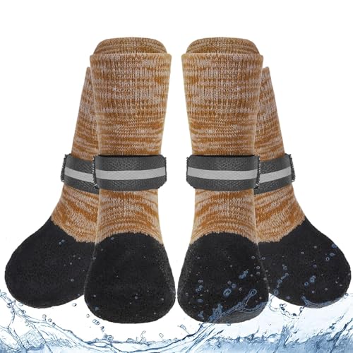 EXPAWLORER Anti Slip Dog Socks to Prevent Licking Paws, Shoes for Winter Snow, Boots & Paw Protectors with Grippers, Waterproof Booties for Hardwood Floors for Small Medium Large Senior Dogs Khaki XL