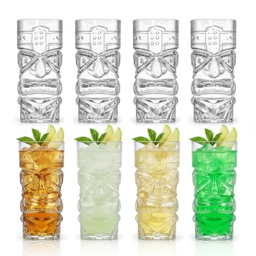 Okllen 8 Pack Plastic Tiki Cups 16Oz/470ML Clear Tiki Cocktail Mugs Trapical Stylish Drinking Tumblers for Modern Bar Hawaiian Party Luau Party Supplies