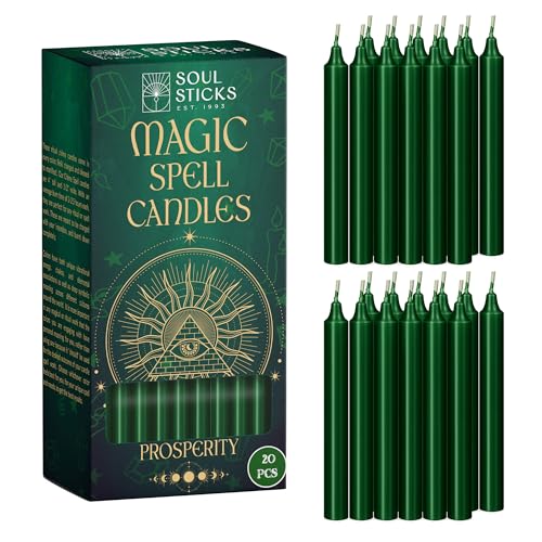 SOUL STICKS Prosperity Magic Spell Chime Taper Candles 20 Pack - Ideal for Altar Rituals Ceremonies Meditation Green Unscented Candle Sticks for Witchcraft Supplies Wiccan Supplies and Tools