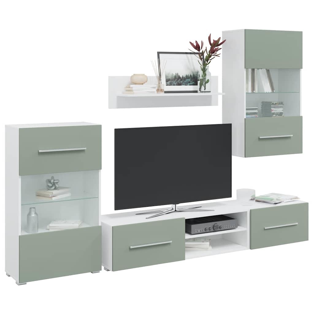 IKAYAA Set Arredamento Soggiorno Mobile Moderno 5 pz con Illuminazione a LED Parete attrezzata Soggiorno-Verde Oliva