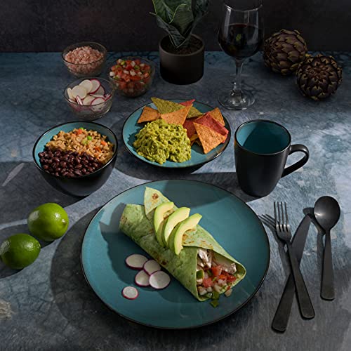 Image of Gibson Elite Soho Lounge 16-Piece Round Reactive Glaze Stoneware Dinnerware Set, Service for 4 - Teal Plates and Bowls