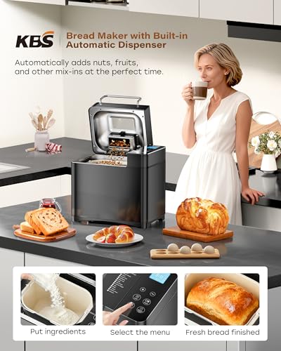 KBS Premium Convection Bread Maker Dual Heater, 17-in-1 Stainless Steel Bread Machine Ceramic Pan, Nut Dispenser,Touch Panel,2lb Loaf 3 Sizes 3 Crust Colors,Gluten-Free,Sourdough,Jam,Yogurt,53 Recipes image 6