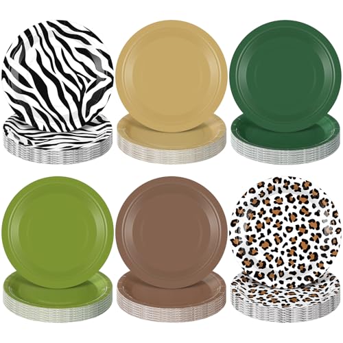 Funnymoom 60 Pcs 7 Inch Jungle Safari Paper Plates Forest Animal Plates Decorations Sage Green Brown Dessert Dish Disposable Tableware for Woodland Baby Shower Birthday Safari Themed Party Supplies