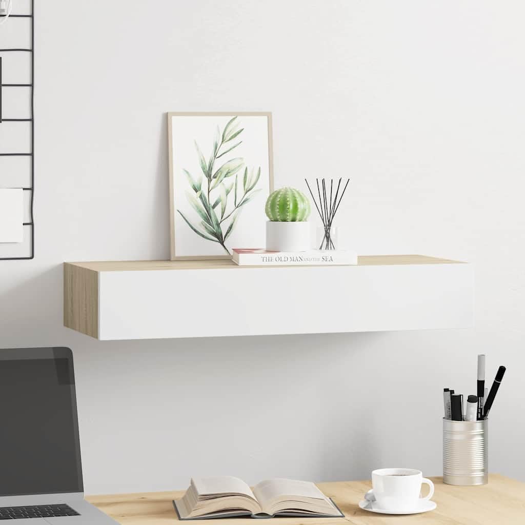 Estante de Pared con cajón de MDF (Roble y Blanco, 60 x 23,5 x 10 cm), Mobiliario Estanterías Estantes y estanterías, Marrón, 5kg