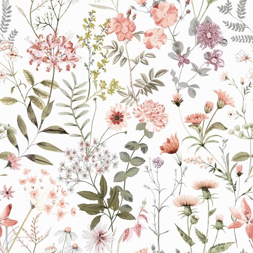 VEELIKE Papier Peint Fleur Blanc Vintage Papier Peint Fleuri Rose Adhésif pour Meuble Papiers Peints Adhesif Feuilles Tropical Murale Rouleau Adhesif...