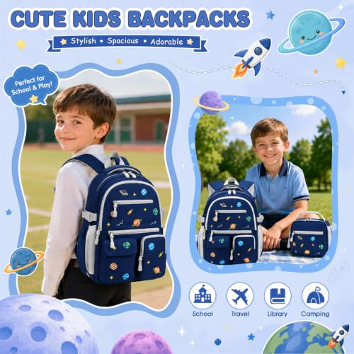 Image of DIGOBAY Backpack for Boys 6-8, 3PCS Embroidery Toddler Boys Backpack with Lunch Bag Pencil Case, 15.7 inch Kids School Bookbag for Preschool Kindergarten Elementary Daycare Backpacks, Navy Blue Planet