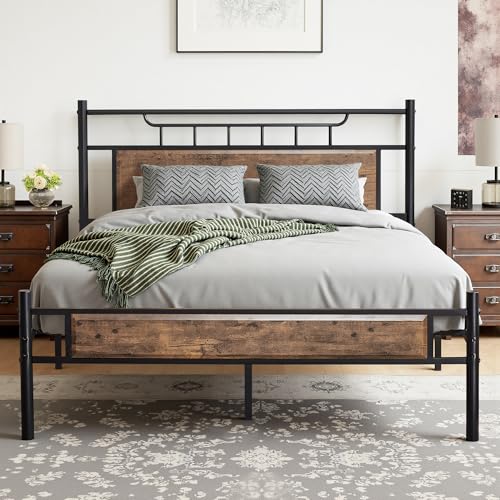 Retro Massivholz Bettgestell 140x200 cm, Doppelbett mit Dickem Kopfteil & Lattenrost, Stabiler Rahmen ohne Boxspring erforderlich, Komplett-Set für...