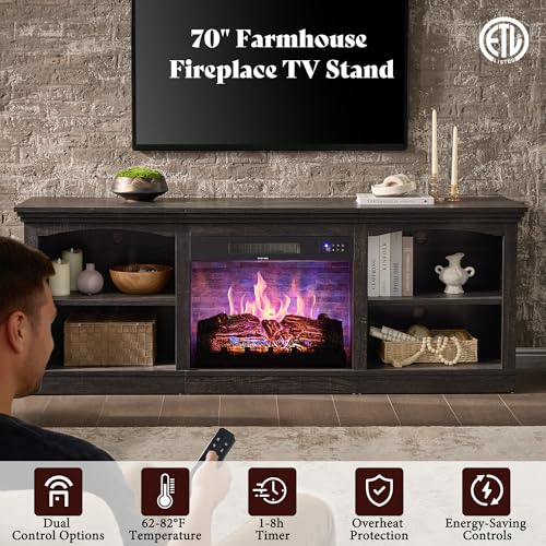 Image of AMERLIFE 70 inch Fireplace TV Stand with 23 inch Fireplace for TVs Up to 80 inch