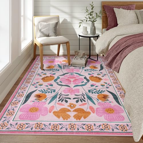 Alfombra decorativa floral rosa 5x7 pies miniatura 1