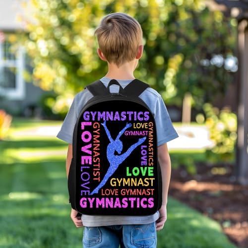 Gymnastics Backpack, Gymnastics Backpack for Girls Women, Colorful Love Gymnast on Black Bookbag, Funny Water Resistant Lightweight School Laptop Bags Casual Travel Daypack 17"4