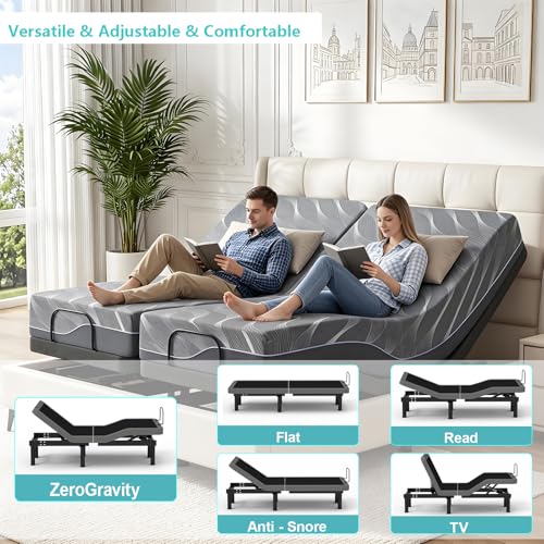 Image of Vipbear Premium Split King Adjustable Bed Frame with 12 inch Mattress, Zero Gravity, Wireless Remote & & Head-Foot Incline & Built-in USB Ports, Black
