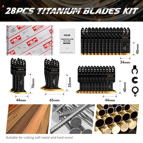 Image of KELIN 28PCS Titanium Multitool Blades Kit, 4 Sizes Oscillating Tool Saw Blades Set for Metal and Wood Detail Cutting, Fit Bosch Fein Milwaukee Ryobi Dewalt