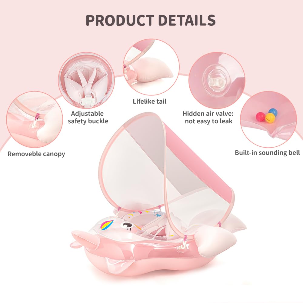 Baby Schwimmring mit Sonnendach Entfernbar, Schwimmring Baby mit Verstellbarer Sicherheitssitz, Kippsicherheit, Schwimmhilfe Baby mit Luftpumpe für 12-36 Monate, Rosa Einhorn