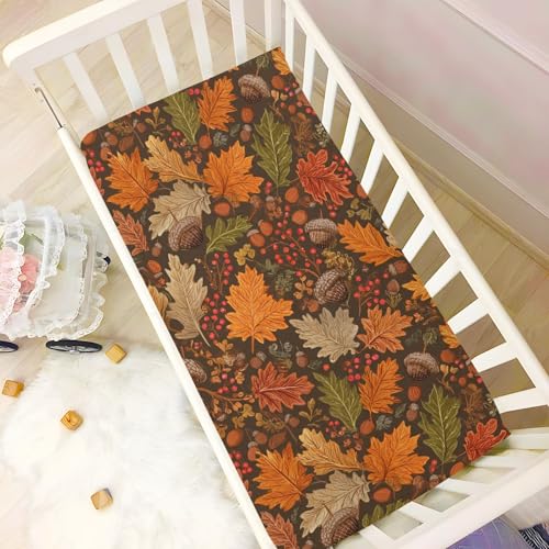 Image of Crib Sheet Breathable Soft Crib Mattress Sheet for Baby Toddler Boys Girls Fitted Crib Sheet Fit Standard Crib Mattress 52 x 28 Inch Brown Maple Leaves Acorns Berries Branches