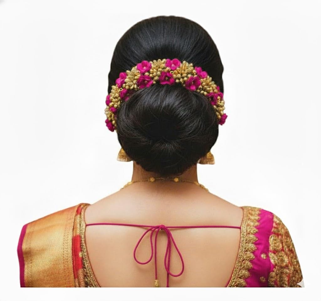 Hair Accessories Fancy Party Bridal Wedding Fabric/Artificial Rose Flower Bun Juda Hair Gajra For Women's Flower Hair Accessory Veni For Hair For Bride (Pink)