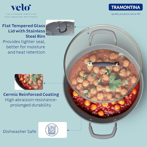 Image of TRAMONTINA Velo 22cm / 2.9L Forged with Ceramic Reinforced Interior Kadai | Tempered GlassLid | Kadhai for Curry, Deep-Fry, Stir-Fry | Silicone Grip Handles | Gas /Induction | Sea Blue