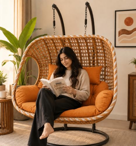 Image of Double Seater Swing Chair Cushion Replacement Pad for Hanging Egg Swing Outdoor Patio Garden Balcony Seat Cushion Orange Fabric Seating Pad Home Furniture Accessory