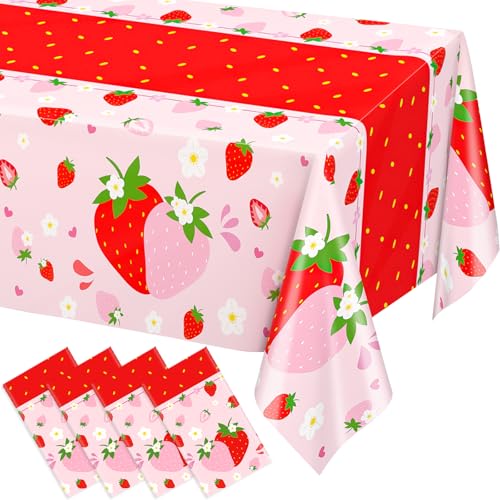 Image of WNINK 4 Pack Strawberry Tablecloths Strawberry Berry Sweet One Table Covers for Birthday Party Decoration Berry Sweet Baby Shower Party Supplies 54 inch x 108 inch