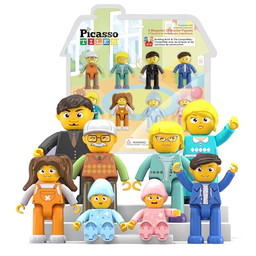 Picasso Toys Magnetic Action Figures 8 Piece Family Character for Construction Building Block Tiles Toddler Toy Set Magnet Expansion Variety Pack Educational STEM Learning Kit Pretend Playset PTA11