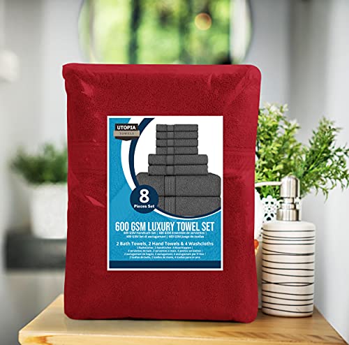 Utopia Towels 8-Piece Premium Towel Set, 2 Bath Towels, 2 Hand Towels, And 4 Wash Cloths, 600 Gsm 100% Ring Spun Cotton Highly Absorbent Towels For Bathroom, Gym, Hotel, And Spa (Red) #TOP3