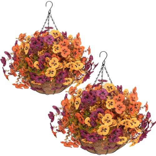 Image of 2 Set Artificial Fall Hanging Flower Baskets for Outdoor Autumn Decor, 2 Fall Hanging Baskets with 24Pcs Silk Fake Mums Plants for Front Porch Garden Patio Balcony Yard Home Decoration