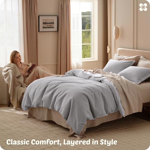 Image of Bedsure Cotton Duvet Cover Set - 100% Cotton Waffle Weave Grey Duvet Cover Oversized King Size, PureWoven Breathable Bedding Set for All Season, 3 Pieces, 120 inchx98 inch