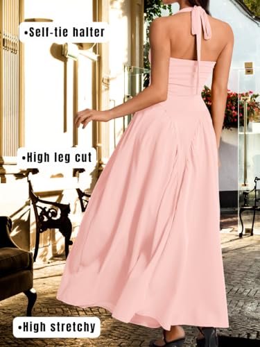 Image of ChiaoLezhee Deep V Neck Dress, Halter Maxi Dresses, Vacation Date Night, Sexy for Women Corset Flowy Wedding Guest Drop Waist