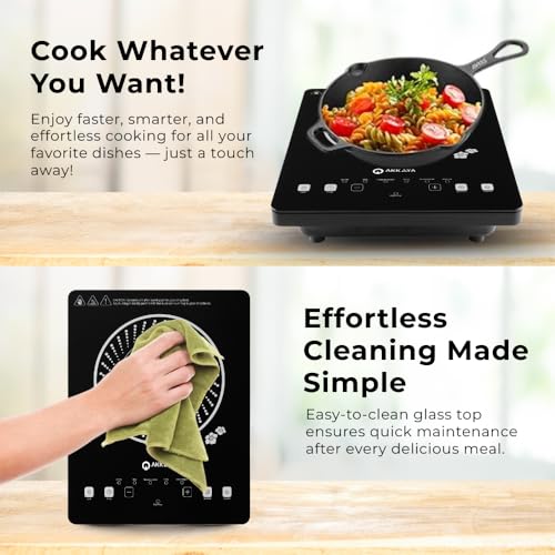 Image of AKKAYA 2200W Electric Infrared Cooktop | Touch Control | Crystal Glass Plate | Fast Heating | 6 Preset Modes | Auto Shut Off | Free Stainless Steel Grill Rack