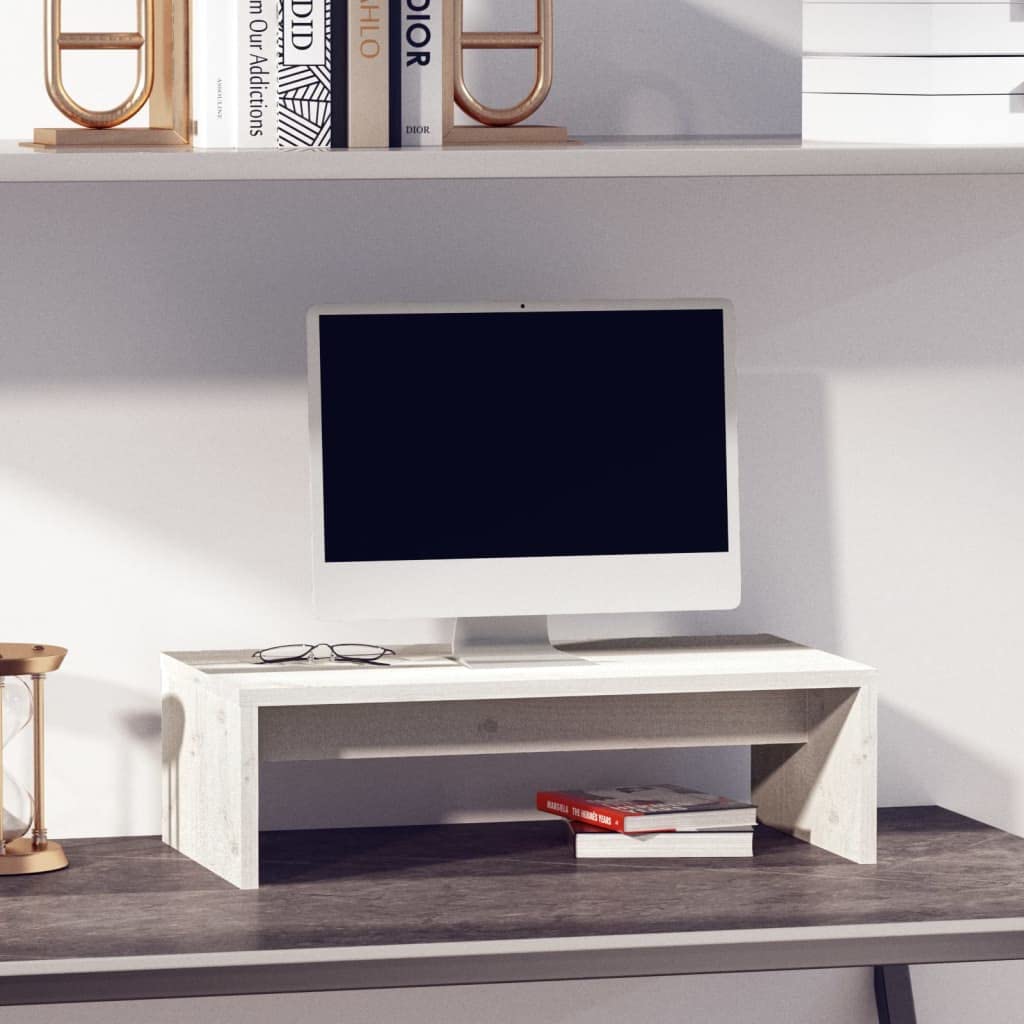 Supporto per monitor bianco, 50 x 27 x 15 cm, in legno di pino massiccio, rialzo per monitor per ufficio e scrivania, supporto ergonomico per monitor