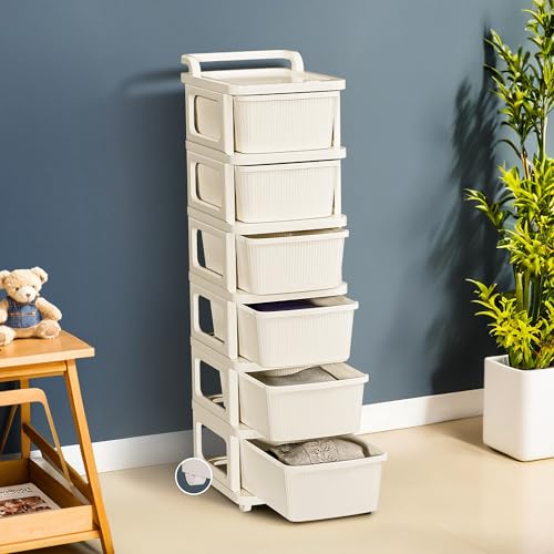 Kuber Industries 6 Layer Heavy Duty Plastic Storage Drawer with Wheels | Modular Cabinet for Bedroom, Office, Home | Chest of Drawers Organiser for Cosmetics, Kitchen items, Toys Storage | Ivory