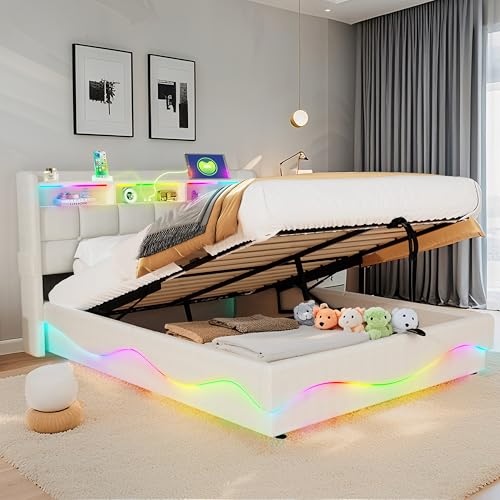 XMETPR Lit de Rangement Multifonction (160x200 cm, Blanc) avec Station de Chargement USB/Type-C, Lumières LED, Étagère de Tête de Lit et Lattes en Bois, Cuir