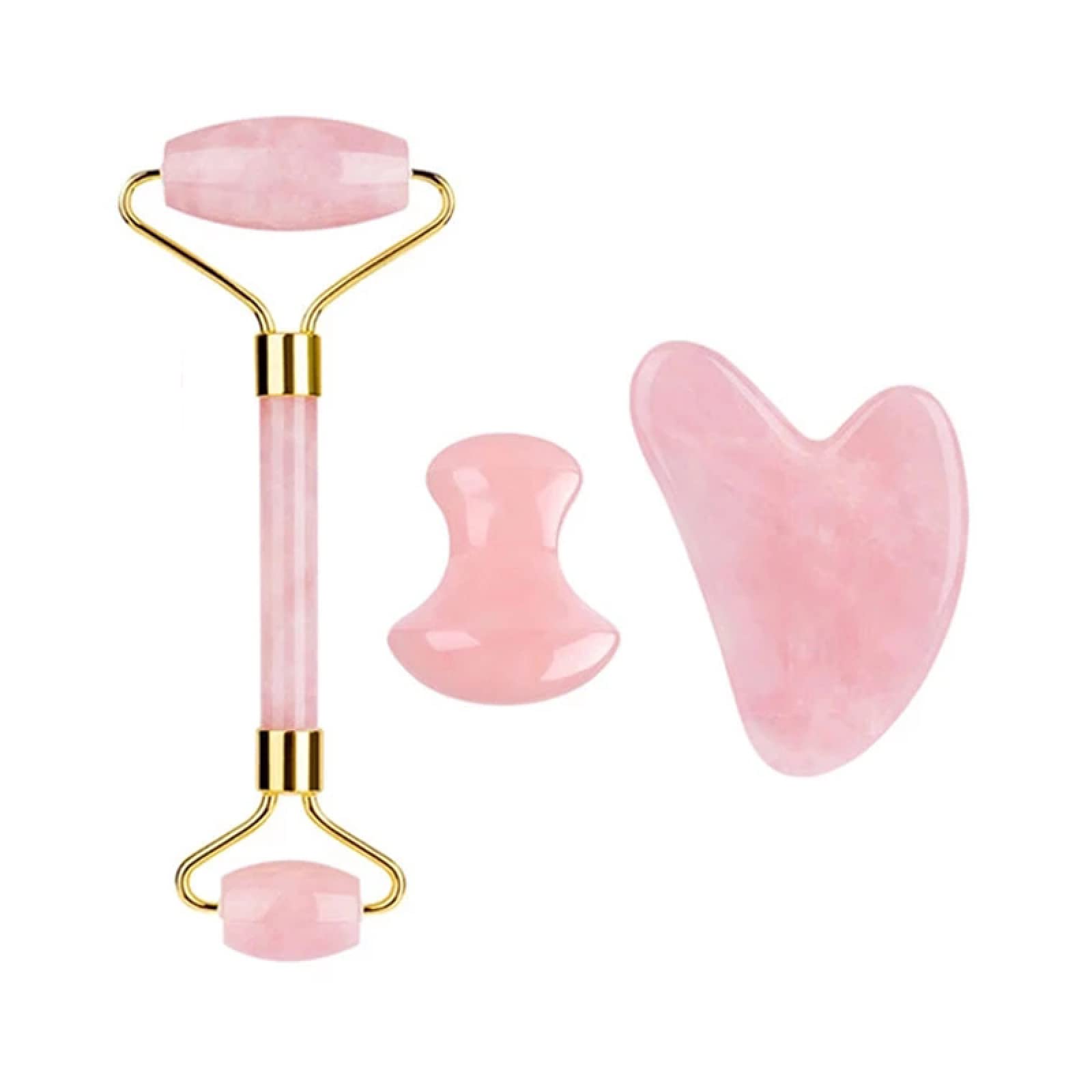Rodillo facial de cuarzo rosa y Gua Sha, juego de jade natural, gouache gua sha, rodillo de cuarzo, herramienta de masaje de elevación facial, tipo 3