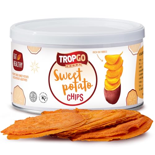 Tropgo Sweet Potato Chips 25g – Crispy Dried Slices Made from 100% Real Sweet Potatoes – Natural, Rich in Fibre, Kosher Certified, No Additives, Resealable Can for Freshness, Healthy Snacks for Kids