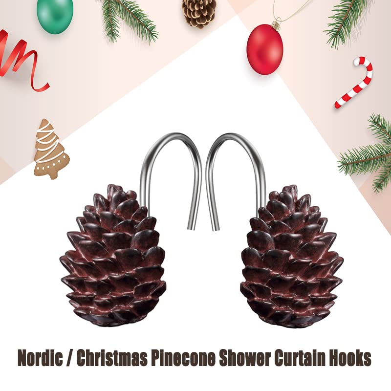 EleCharm 12-Pack Resin Pinecone Decorative Shower Curtain Hooks Steel Sliding Bathroom Curtain Rings Pendant Hooks (S Pinecone A)