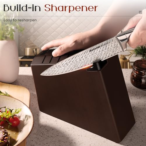 Knife Set, Astercook 15 Pcs Knife Sets for Kitchen with Block, Dishwasher Safe Kitchen Knife Set with Built-in Sharpener, German Stainless Steel Knife Block Set, Deba Knife for Fish Ergonomic Handle - Image 5