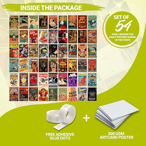 Image of MODERN GALLERY MART Pack of 54 Vintage Wall Collage Kit Posters - 4 x 6 Inches Posters for Wall Decoration - Wall Art For Bedroom, Office, Living room, Dorm room - Glue Dots Included
