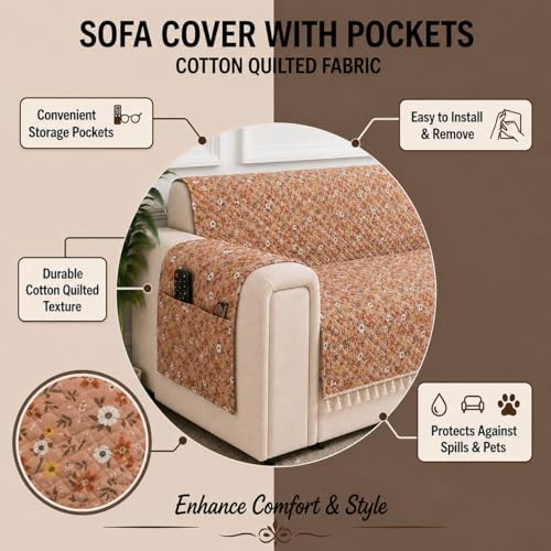 Image of STITCHNEST 'Frostvine Collection' 3 Seater Sofa Cover | Full Coverage with Armrest Pockets | Cotton Quilted Fabric, Decorative Tassels, Washable & Durable for Modern Living