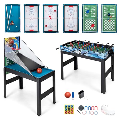 TAVOLO DA GIOCO MULTIFUNZIONALE 14 IN 1: Questo tavolo multigioco 14 in 1 combina 7 giochi da palla come calcio, basket, biliardo e 7 giochi da tavolo come scacchi, dama, backgammon in uno, in modo che tu possa goderti una varietà di giochi senza dover lasciare casa. Questo tavolo da gioco multifunzione può facilmente soddisfare le diverse esigenze di intrattenimento dei membri della famiglia ed è perfetto per il divertimento e il tempo in famiglia