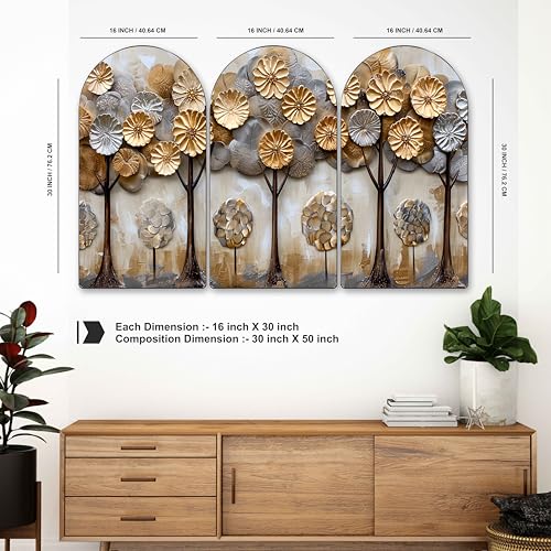 Image of Livin'luxe Golden & Silver 3D Abstract Tree Arch Shape Wall Painting Set of 3 | Sparkle Laminated HD Print on MDF | Modern Metallic Tree Artwork for Living Room Bedroom Home (30 x 50 Inch) RPNL-35359