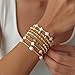 SHINUS BOHO 14K Gold Beaded Cross White Clover Pearl Stackable Bracelets for Women,7PCS Handmade Gold Beads Stretch Bracelets Stack Fashion Holiday Prom Jewelry Accessories Gift Friendship