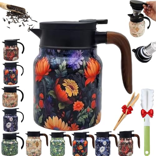 Tetera con infusor incorporado y diseño floral vintage, jarra térmica de acero inoxidable con tapa.(Black,1000WoodHand)