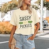 Deyaidy Pickle Shirt Funny Shirts for Women Graphic with A Side of Pickles Tee Cucumbers Short Sleeve Cotton Tops(Apricot,L)
