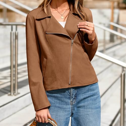 Trendy Brown Faux Leather Suede Moto Jacket for Women - XL Casual Spring/Fall Outerwear - Image 3
