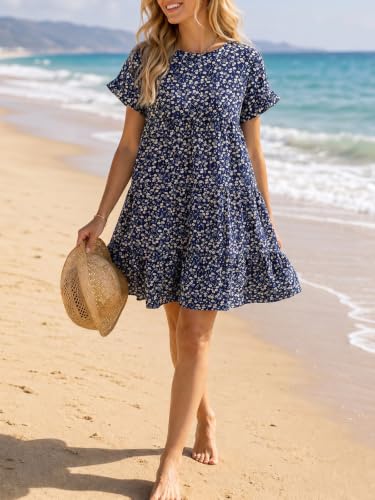 Image of Chuanqi Womens Ruffles Boho Floral Printed Babydoll Loose Swing Casual Short Mini T-Shirt Dress