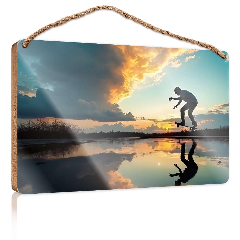 Sign Wooden Hanging Skateboarder Performing Trick Over Reflective Water At Sunset. Gift For Boss Woman The Room Decorations(23X35CM)