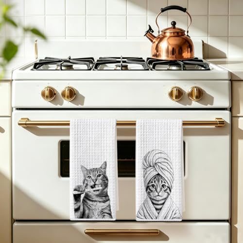 Image of Hanamiya Na 2 Pcs Cute Cat Gifts Hand Towels 24x14 Inch, Funny Cats Gift Reusable Dish Towels for Kitchen Decor, Waffle Weave Absorbent Hand Cloth Tea Towel, Cat Lover Gifts for Women Mom Friend