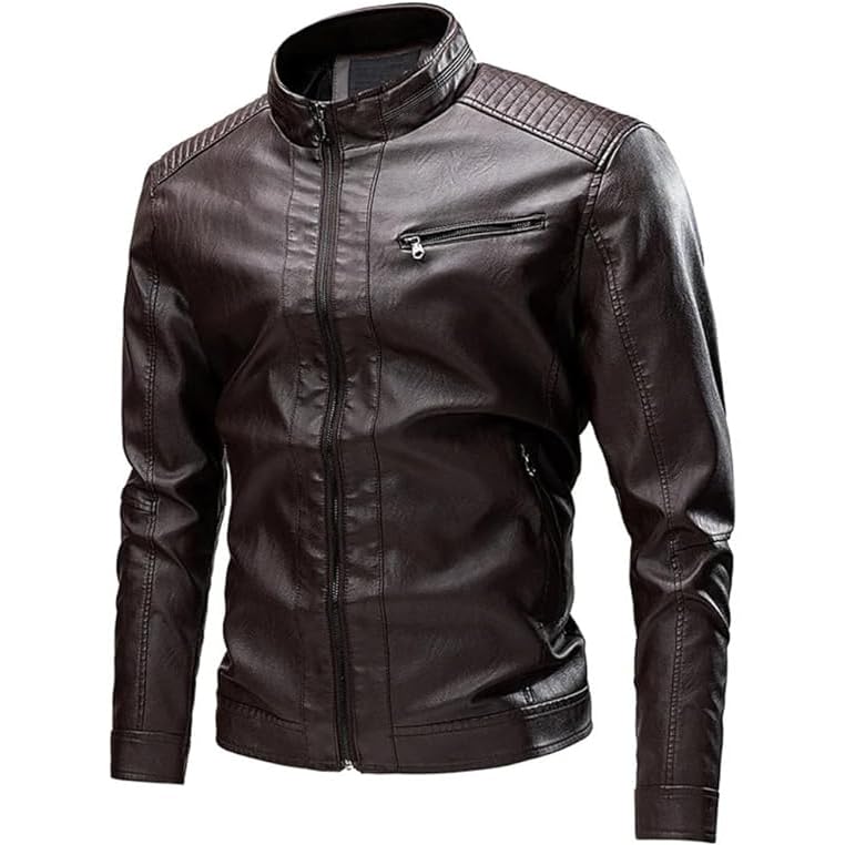 Chaqueta De Motorista De PU Cuero De Hombres Manga Larga Casual Chaqueta Café 3XL