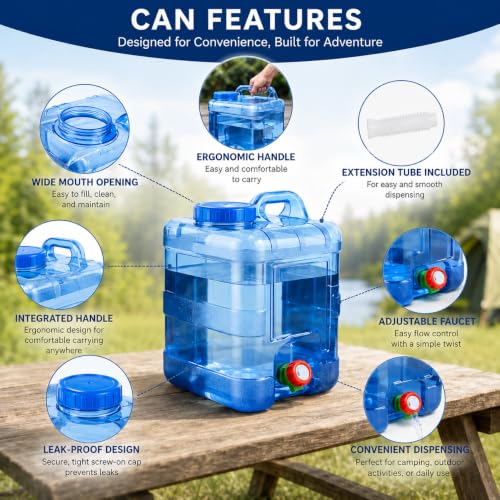 Image of Water Can 10 Litre with Tap for Home Portable Camping Picnic Hiking Water Tank Storage Container for Travelling Water Camper Dispenser Barrel with Faucet(Blue)